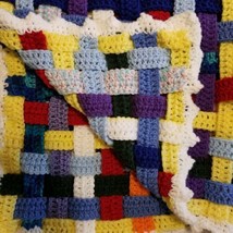 Woven Crochet Strips Handmade Afghan 34&quot; Square Lap Blanket Baby Crib Quilt - £47.92 GBP