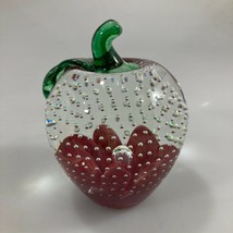 Joe St Clair Red Clear Glass Apple Paperweight 4.5&quot; Signed - £34.29 GBP