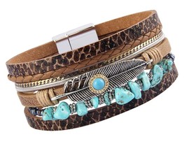 Womens Leather Cuff Bracelet Feather Multi Strand - $65.45 CAD