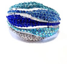 Rhinestone Crystal Bangle, Blue Cuff Bracelet, Hinged Statement Pageant Jewelry, - £38.47 GBP