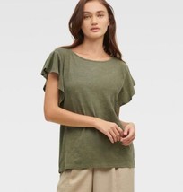 DKNY Jeans Fluttered Short Sleeve Khaki Green Top Blouse Size M 100% Cotton - £23.29 GBP