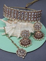Gold Plated Green Kundan &amp; Beads Studded Choker Necklace Set Jhumki Jewelry Set - £17.99 GBP