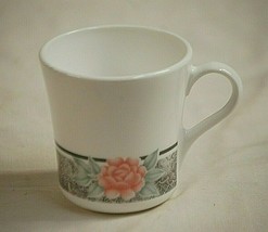 Silk &amp; Roses Corelle by Corning 3-1/2&quot; Flat Cup Gray Band w Pink Roses USA - £9.61 GBP