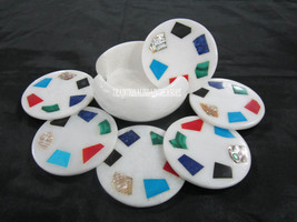 Marble White Coffee Coaster Fine Gemstone Inlay Marquetry Art Home Casin... - £135.88 GBP