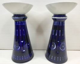 2 Arabia Finland Valencia Candlesticks Set Vintage Blue White Pottery De... - $148.17