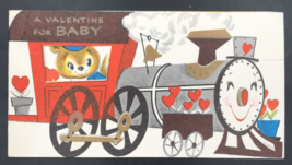 c1950s Tri-Fold Valentine For Baby Anthropomorphic Train &amp; Conductor Greeting - £9.59 GBP
