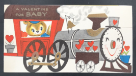 c1950s Tri-Fold Valentine For Baby Anthropomorphic Train &amp; Conductor Greeting - £9.11 GBP