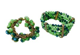  2 Bracelets Goldtone Fittings Elastic Rhinstones Blue Green Beads Unbranded - £21.39 GBP