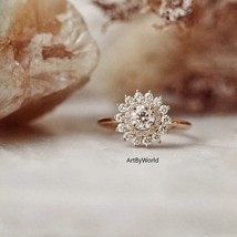 Round Diamond Engagement Ring In Silver, Starburst Round Cut Vintage Halo Ring - £79.81 GBP