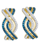 10k Yellow Gold Blue Color Enhanced Diamond Entwined Woven Stripe Hoop E... - £429.58 GBP