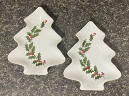 PAIR All The Trimmings Porcelain Gold Rimmed Holly Tree Trinket Candy Di... - $7.47