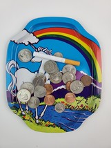 Vintage 1980&#39;s Unicorn Rainbow Tin Tray Change Tray Jewelry Rolling Tray... - £12.62 GBP