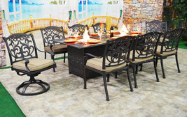 Patio dining table with built in fire pit 9 piece set outdoor furniture. - £3,353.29 GBP
