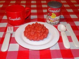 Campbell&#39;s Play Food Lot Chicken Noodle soup Bowl Spoon Cup Realistic RARE HTF - £25.90 GBP