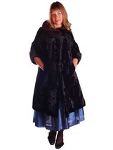 VTG Coat Black Crushed Silk Velveteen Cocoon  Brown Mink Trim 50S Women Med - $200.48