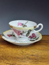 Vintage Japan Pedestal Teacup &amp; Saucer Pink Roses Floral - $28.75