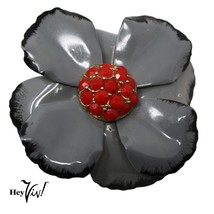 Vintage Metal Enamel Flower Brooch Pin in Grey Black Red Large 2.5 Inch ... - $24.00