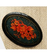 Vintage black lacquer over wood oval brooch painted floral design - $20.81 CAD