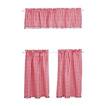 Pioneer Woman Gingham KItchen Window Curtain Set White Red Pompom Edging 3-Piece - £21.79 GBP