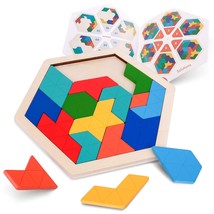 Wooden Hexagon Tangram Puzzle For Kids Adults - Geometric Shape Pattern ... - $18.99