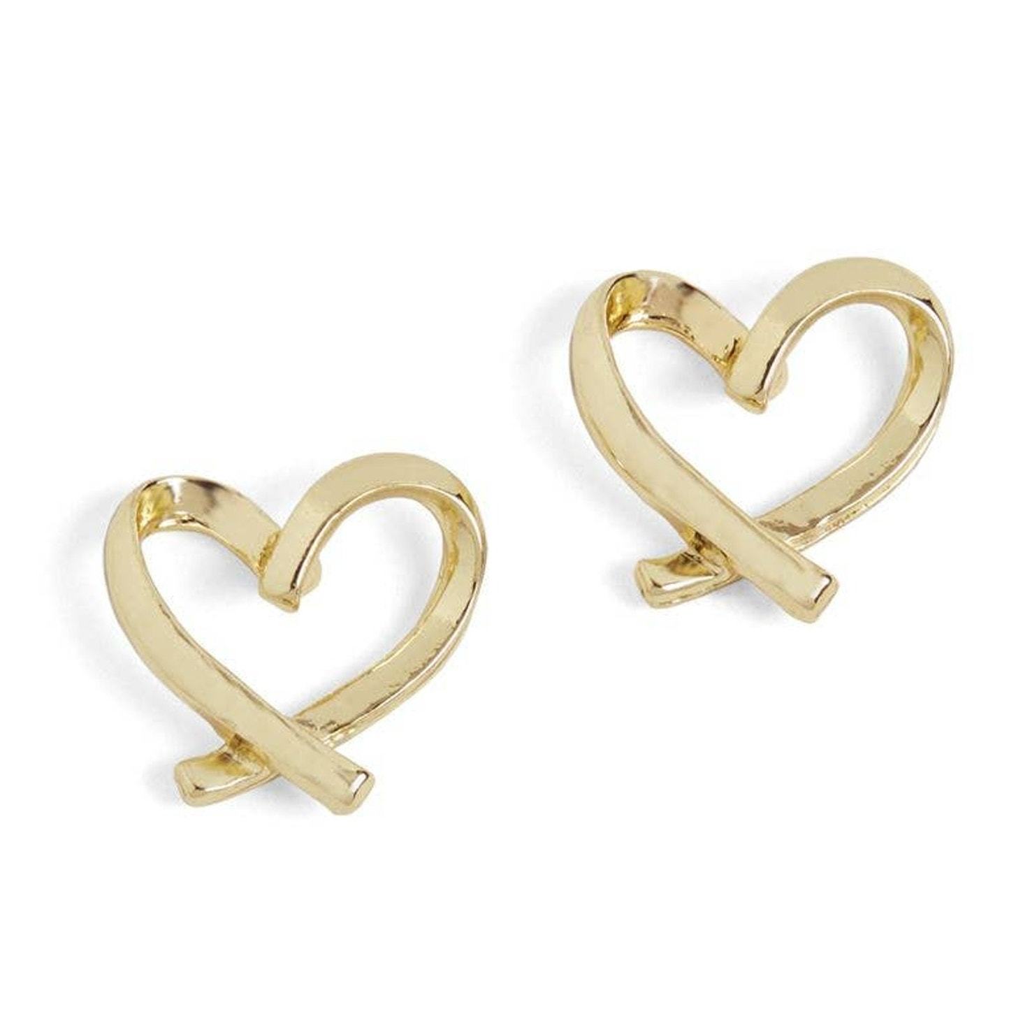 Signature Ribbon Heart Stud Earrings - Gold