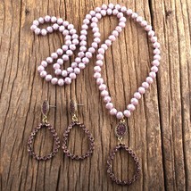RH Fashion Boho Jewelry Set Glass Long Knotted Drop Pendant Necklace Earring Set - £23.68 GBP