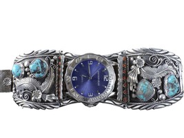 Huge Vintage Navajo Sterling/Turquoise and coral Watch Bracelet - £543.66 GBP