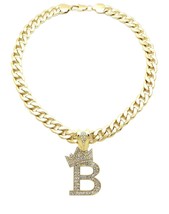King &amp; Queen Initial Letter B Crystals Pendant Gold-tone Cuban Chain Necklace - £20.14 GBP