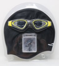 Swimming Goggles &amp; Swim Cap Combo Pack Sealbuddy UV Adjustable Strap Blk &amp;Yellow - £11.88 GBP