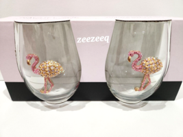 Rachel Zoe Jeweled Rhinestone Pink Flamingo Stemless Wine Glasses Home Decor 2pc - £27.24 GBP