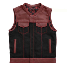 Men&#39;s Black &amp; Red Leather Denim Vest Black Paisley Lining Concealed Wais... - £55.04 GBP+