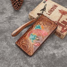2022 New Cow Leather Women Long Hand Wallet Retro Prints Large Clutch Wallets Ca - £38.72 GBP