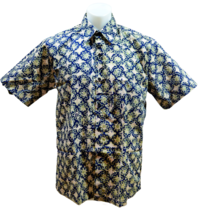 Geometric Batik Eid Mens Shirt Large 16.5&quot; Beige Blue Hawaiian Malaysia ... - $57.16