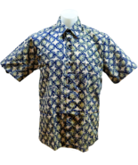 Geometric Batik Eid Mens Shirt Large 16.5&quot; Beige Blue Hawaiian Malaysia ... - £31.45 GBP