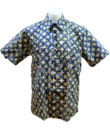 Geometric Batik Eid Mens Shirt Large 16.5&quot; Beige Blue Hawaiian Malaysia ... - $77.51 CAD