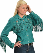 Women&#39;s Green Western Style Concho Fringed Suede Genuine Leather Beaded Jacket - £133.16 GBP
