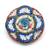 MICRO MOSAIC millefiori flower brooch - vintage red white blue C clasp p... - £23.56 GBP