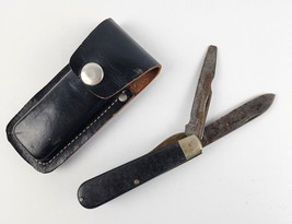 Vintage Camillus NY Electrician Pocket Knife black handle &amp; leather case... - $18.21