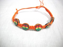 HOT ORANGE MACRAME w RASTA COLOR PEACE SIGN BEADS REGGAE TIE BRACELET / ... - $91.40 MXN