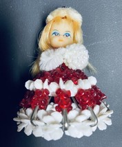 Vintage Christmas Handcrafted Safety Pin Doll Red White Bead Dress Hat M... - £9.07 GBP