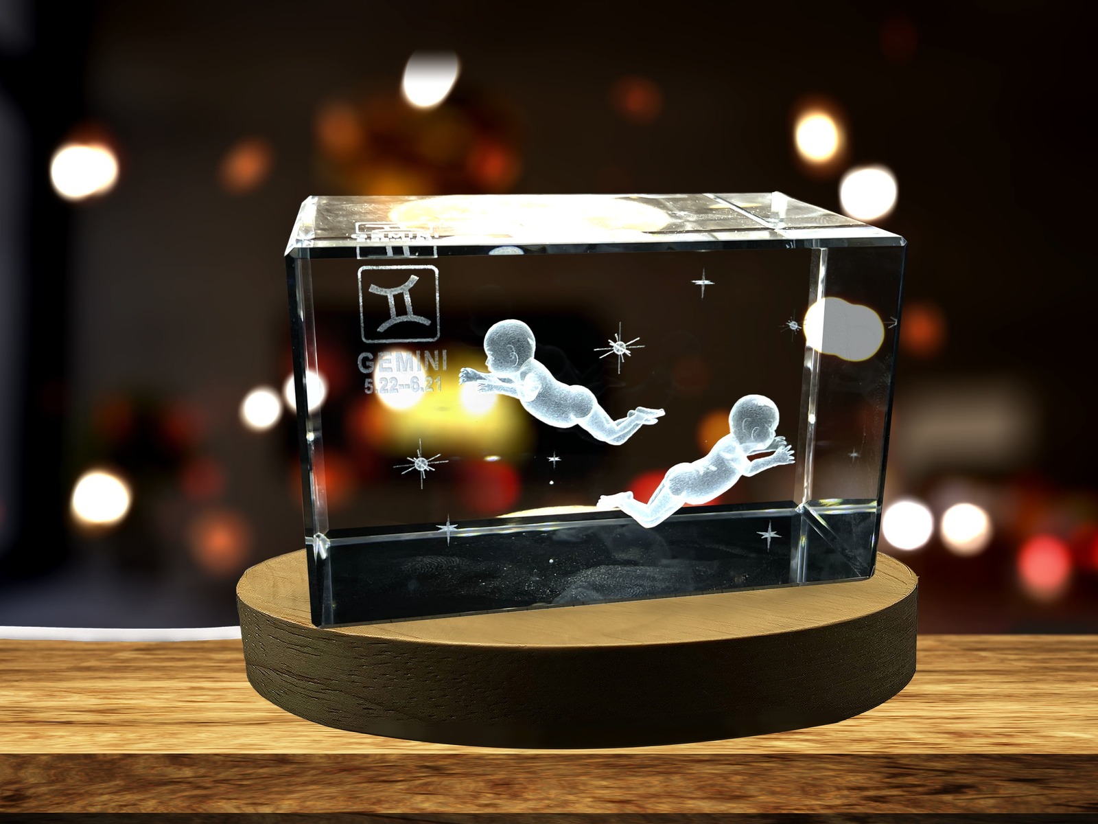 LED Base included | Gemini Zodiac Sign 3D Engraved Crystal Keepsake Gift