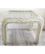 Vintage Distressed White Twisted Rattan Side Table with Original Glass - $5,548.94 MXN