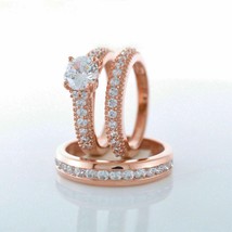 2Ct Simulated Diamond 14K Rose Gold Plated Trio His Her Engagement Ring Set - £162.95 GBP