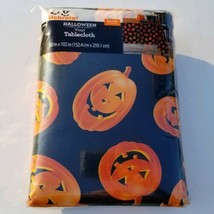 Halloween Pumpkins Vinyl Tablecloth 60 x 102 Black Orange Jack O Lantern... - $22.99