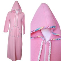 80s Pink Fleece Long Maxi Robe Half Zip Housecoat Hooded Rainbow Pastel ... - £57.46 GBP