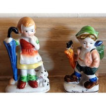 Porcelein Boy &amp; Girl W/ Umbrella Occupied Japan Vintage Figurine Set - $23.74