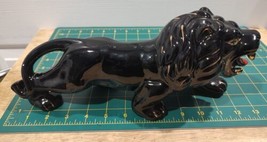 Vintage 12&quot; Ceramic Lion Glossy Black w Gold Accents &amp; Green Jewel Eyes -Redware - £30.31 GBP