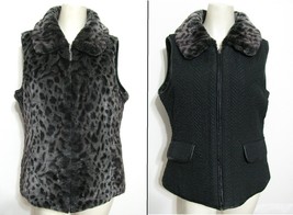 Parkhurst Reversible Faux Fur Vest Women&#39;s M Gray Leopard Print Black Ou... - £15.54 GBP