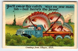 Giant Fish This One Almost Got Away Linen Postcard Comical Fishing Humor 1940 - $18.00