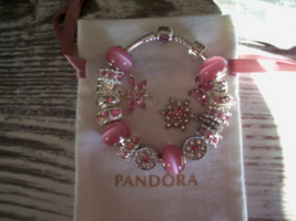 Authentic Pandora Sterling Barrel Clasp Bracelet W Europ EAN Charms Pink - £82.57 GBP